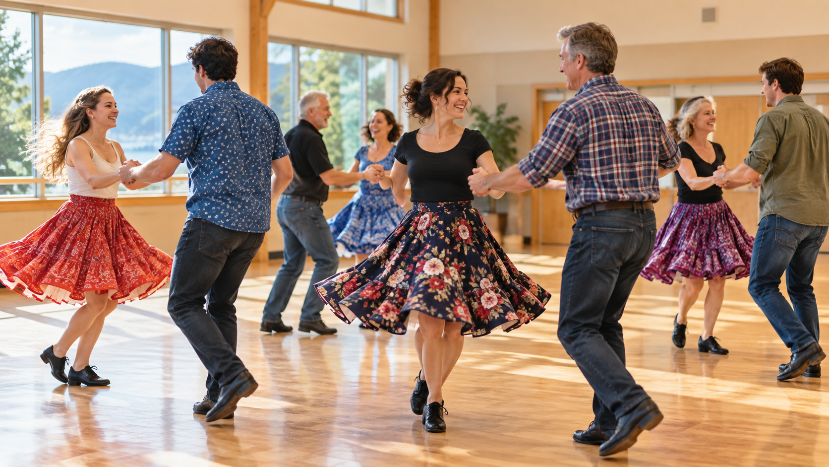 Experienced square dancers ages 16 and older dancing together in a bright community hall during a lively modern social square dancing session.