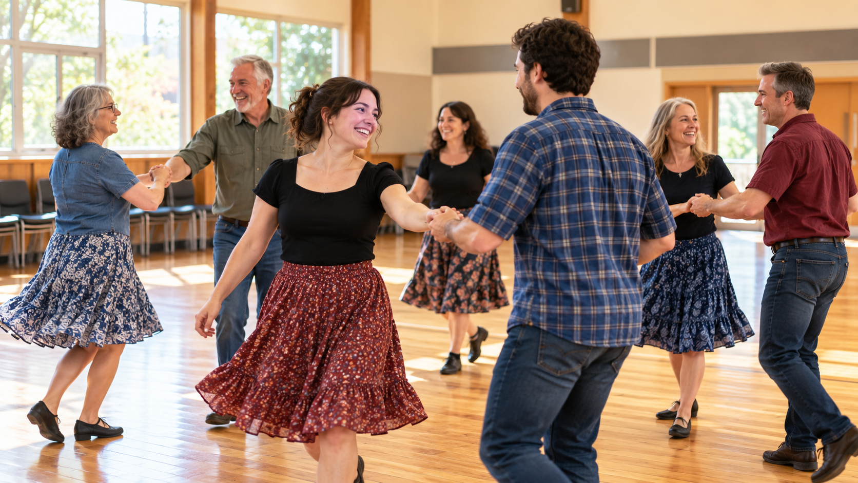 Adults ages 16 and older enjoying a beginner-friendly modern social square dancing session in a bright community hall, smiling and learning simple partnered movements together.