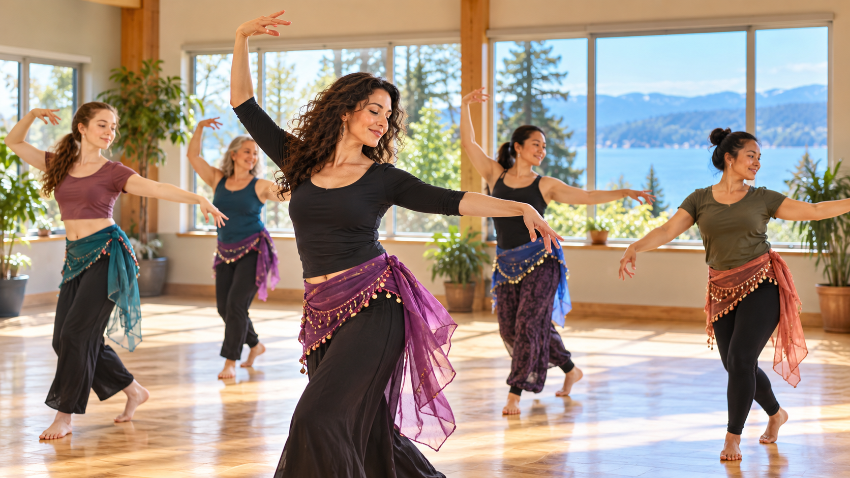 Participants ages 13 and older practicing graceful belly dance movements in a bright community studio, combining gentle exercise, stretching, mindfulness and self-expression.