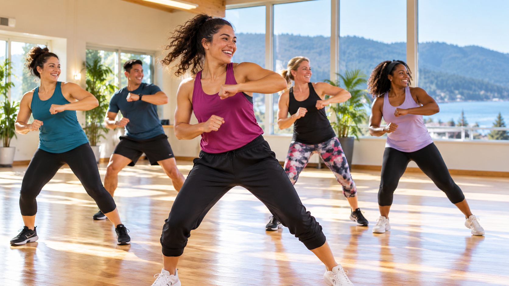 Adults ages 16 and older taking part in an energetic dance fitness class, combining rhythmic movement and body conditioning in a bright community studio.