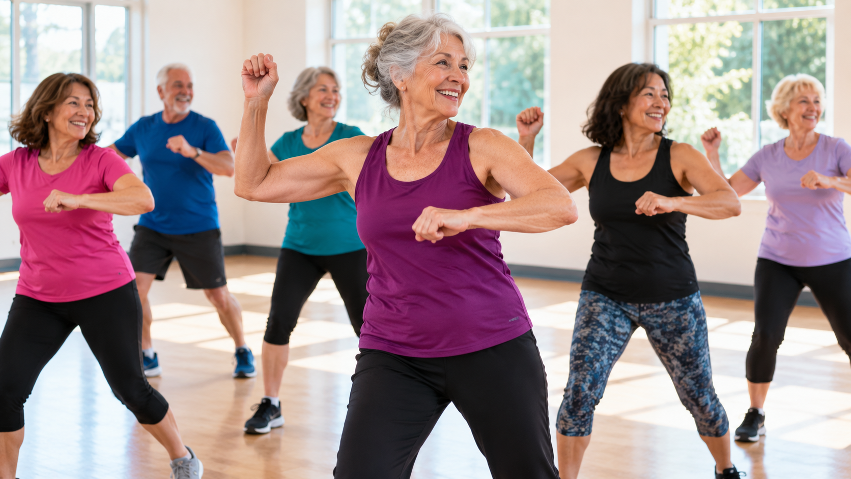 Adults age 50 and older enjoying an energetic dance fitness class with easy-to-follow rhythmic movements and body conditioning in a bright community studio.