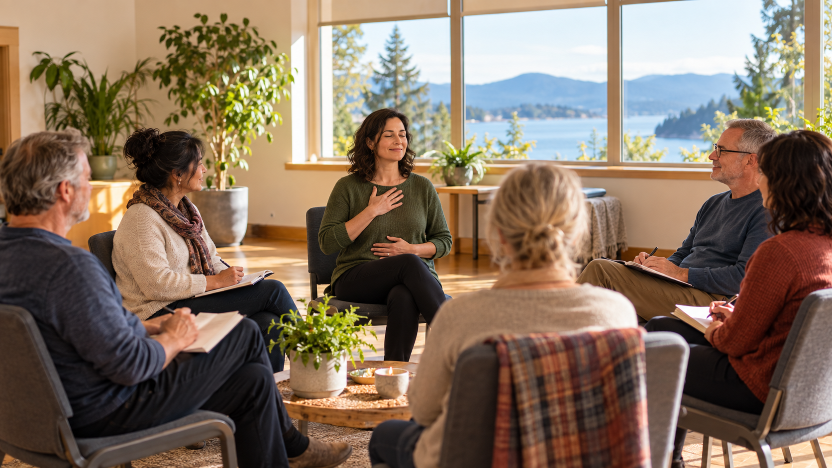 Adults participating in a small-group mindfulness workshop, practicing calm breathing and reflection while using notebooks in a welcoming community room.
