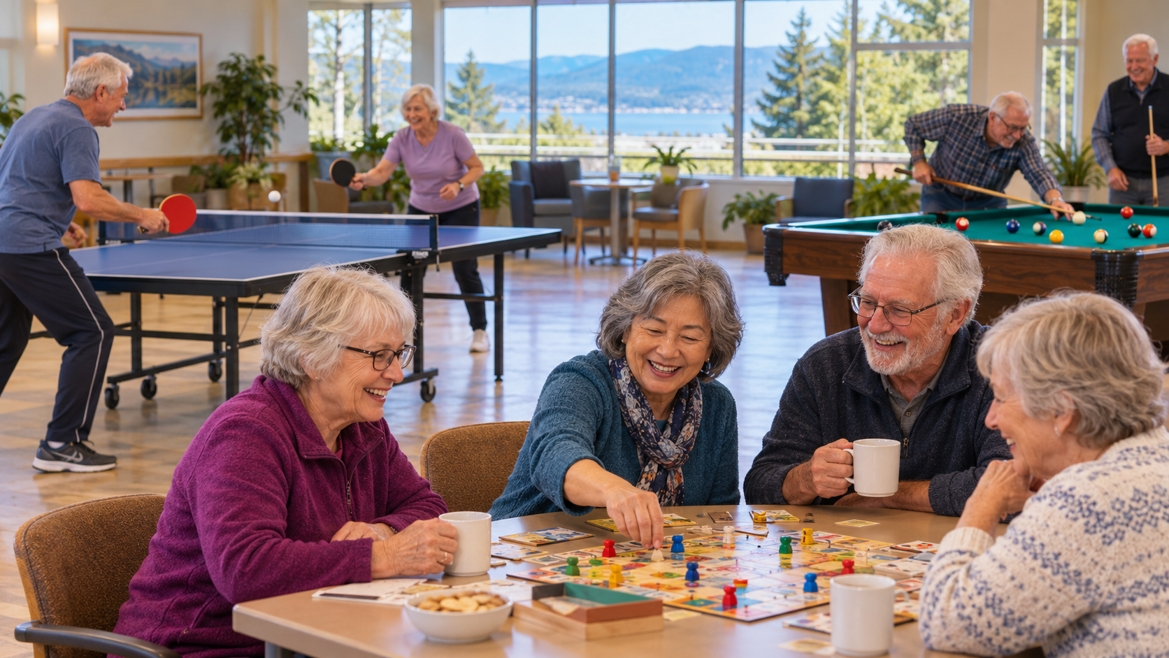 Adults age 55 and older enjoying a social morning of table tennis, billiards and board games in a welcoming community rec room, with coffee and conversation.