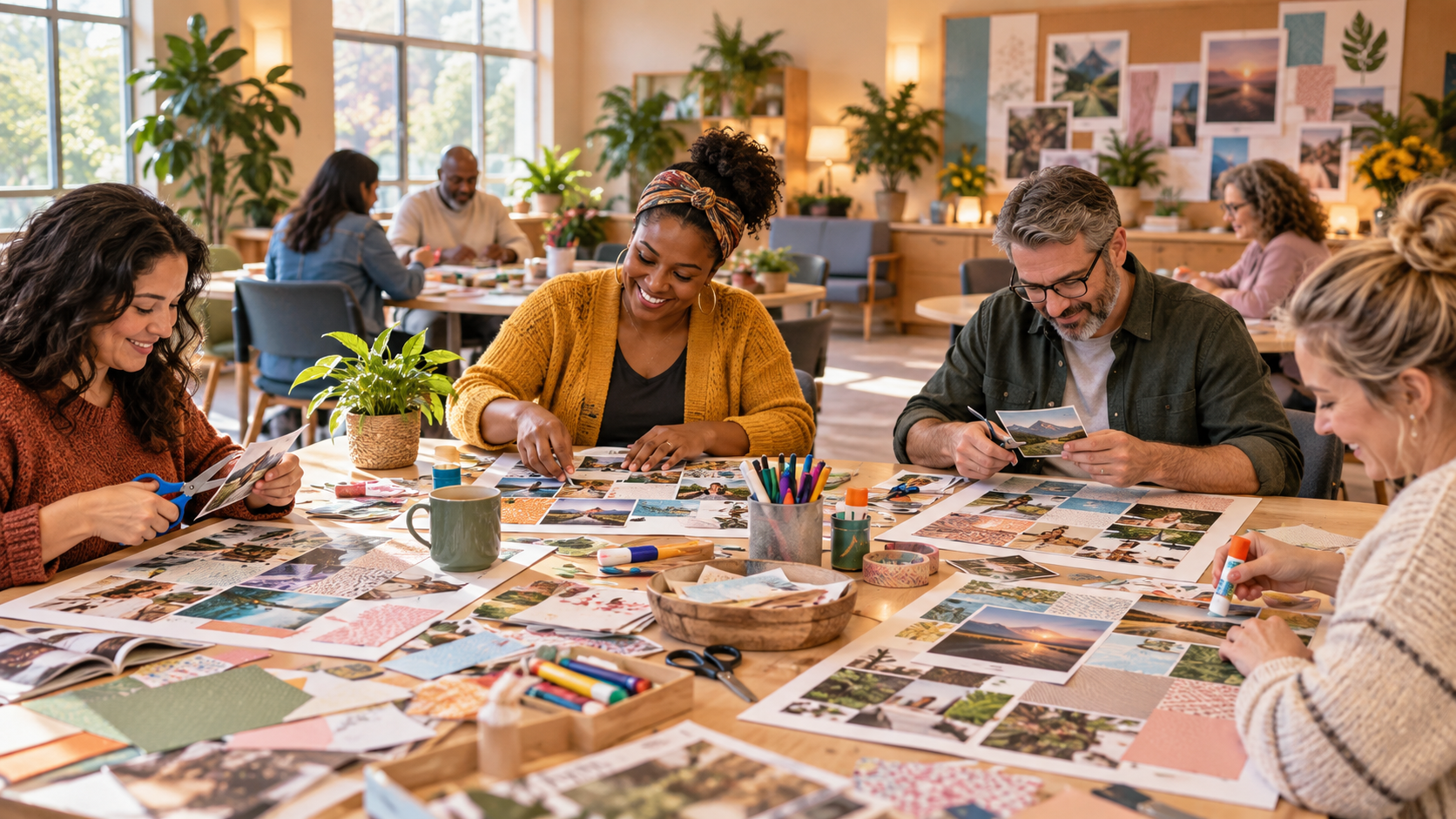 Adults creating personal vision boards together in a welcoming community workshop, using photos, paper, scissors and art materials to explore goals, dreams and intentions for 2027.