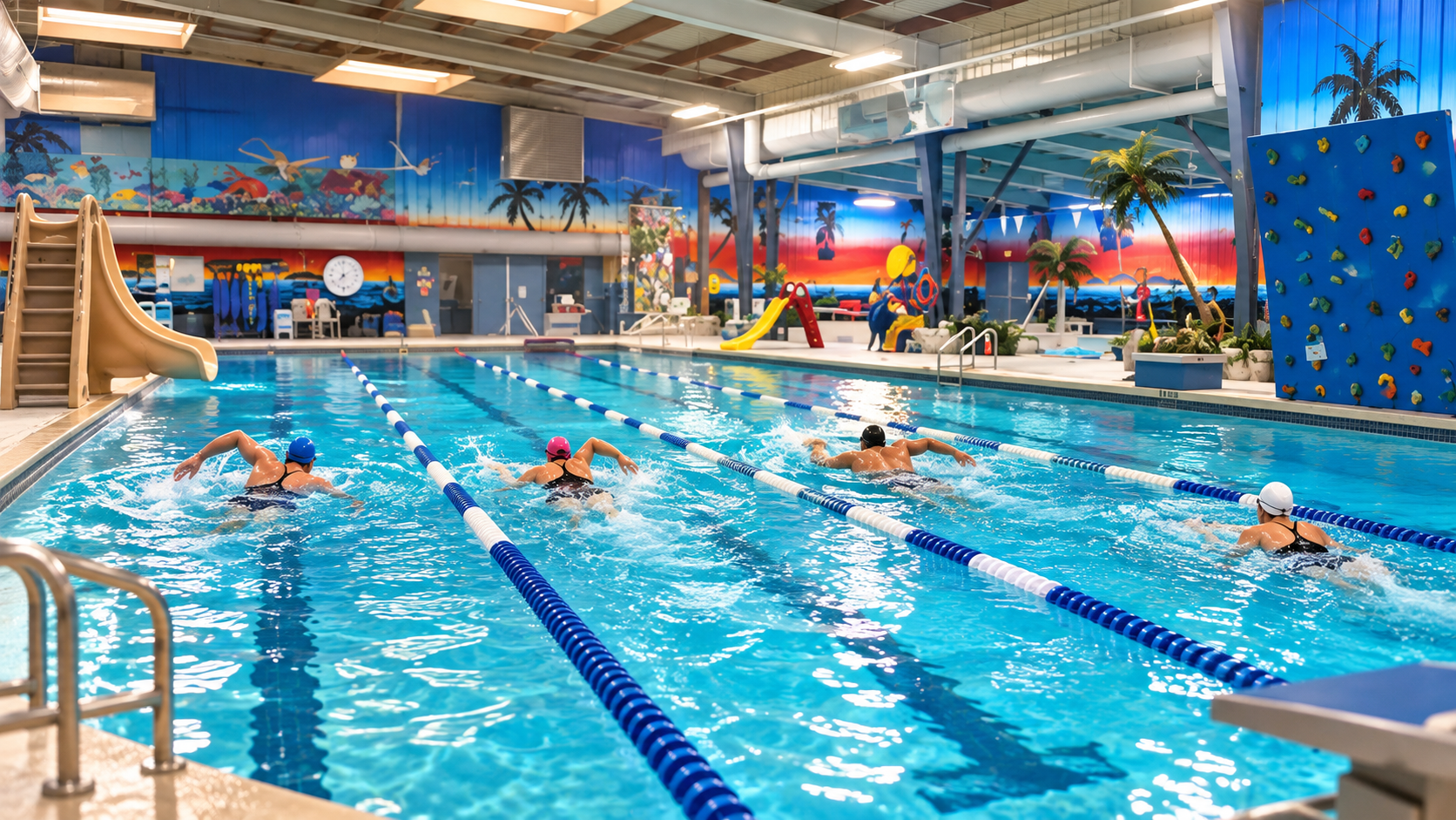 Indoor lap pool at the Frank Jameson Community Centre Aquatic Centre in Ladysmith, with marked swimming lanes and recreational features visible around the pool.