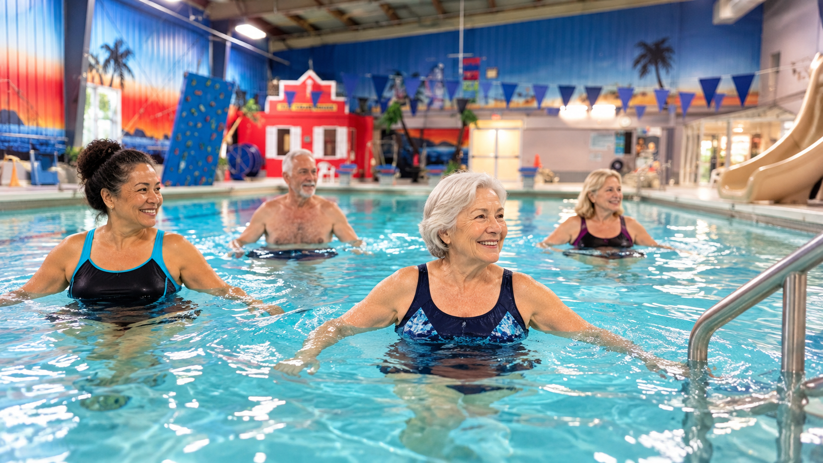 Adults using the warm therapy pool for gentle water movement and supported exercise at the Frank Jameson Community Centre Aquatic Centre.