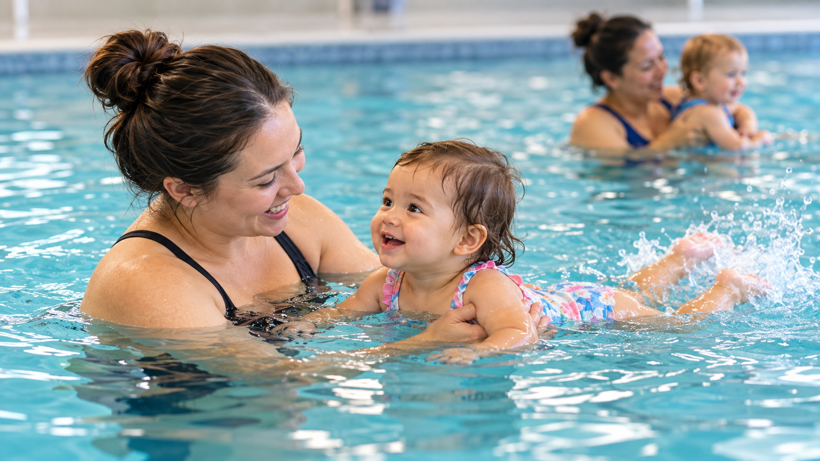 A caregiver supports a smiling toddler practising floating and kicking in an indoor pool, with another caregiver and toddler behind them.