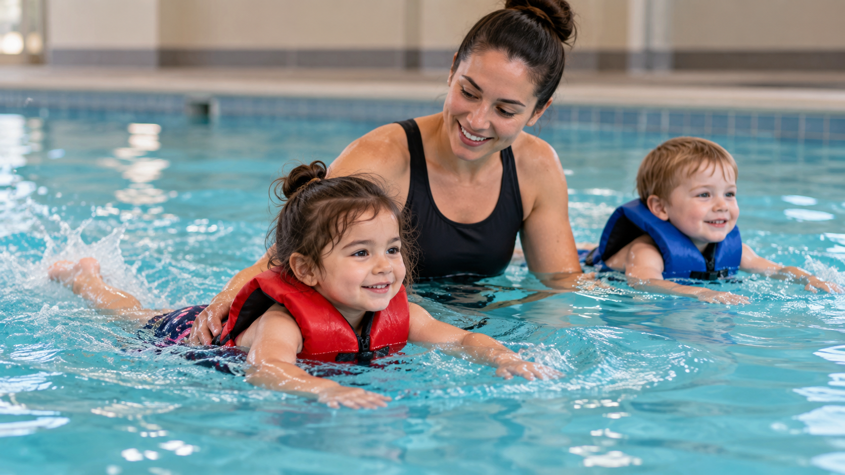 Two preschoolers wearing red and blue PFDs practise paddling and kicking in an indoor pool with a swimming instructor beside them.