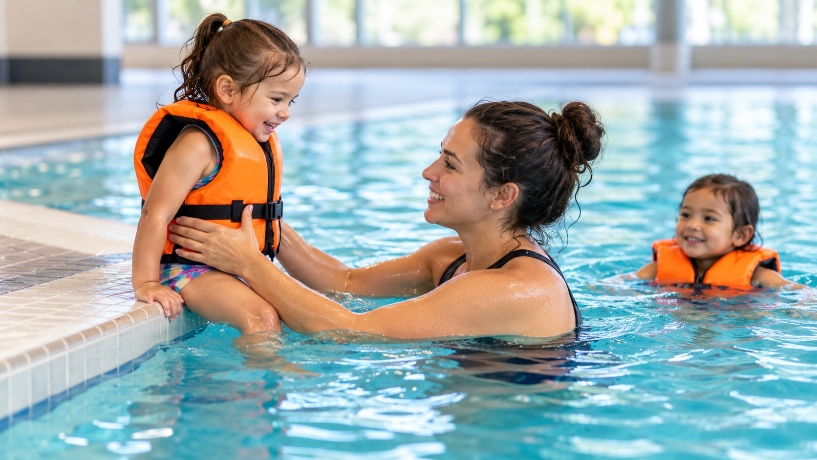 A swimming instructor supports a preschooler wearing an orange PFD at the pool edge, while another child floats nearby in a PFD.