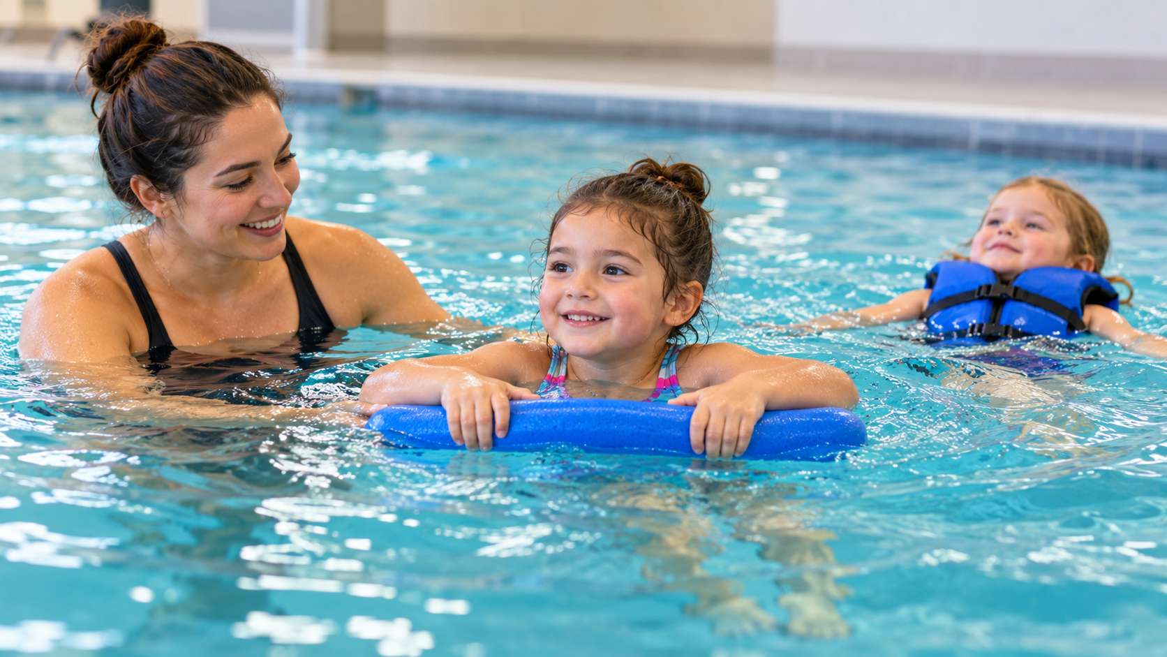 A preschooler holds a blue buoyant aid with a swimming instructor beside her, while another child floats nearby wearing a PFD.