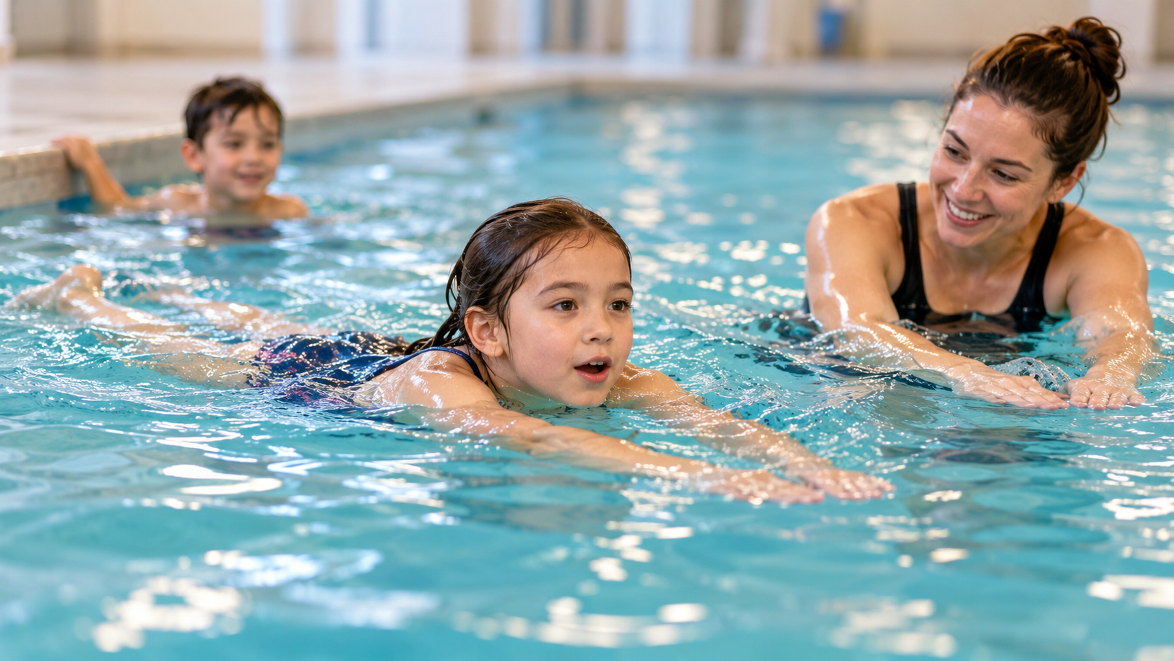 A child practises breaststroke movements in an indoor pool while a swimming instructor demonstrates beside her and another child watches from the pool edge.
