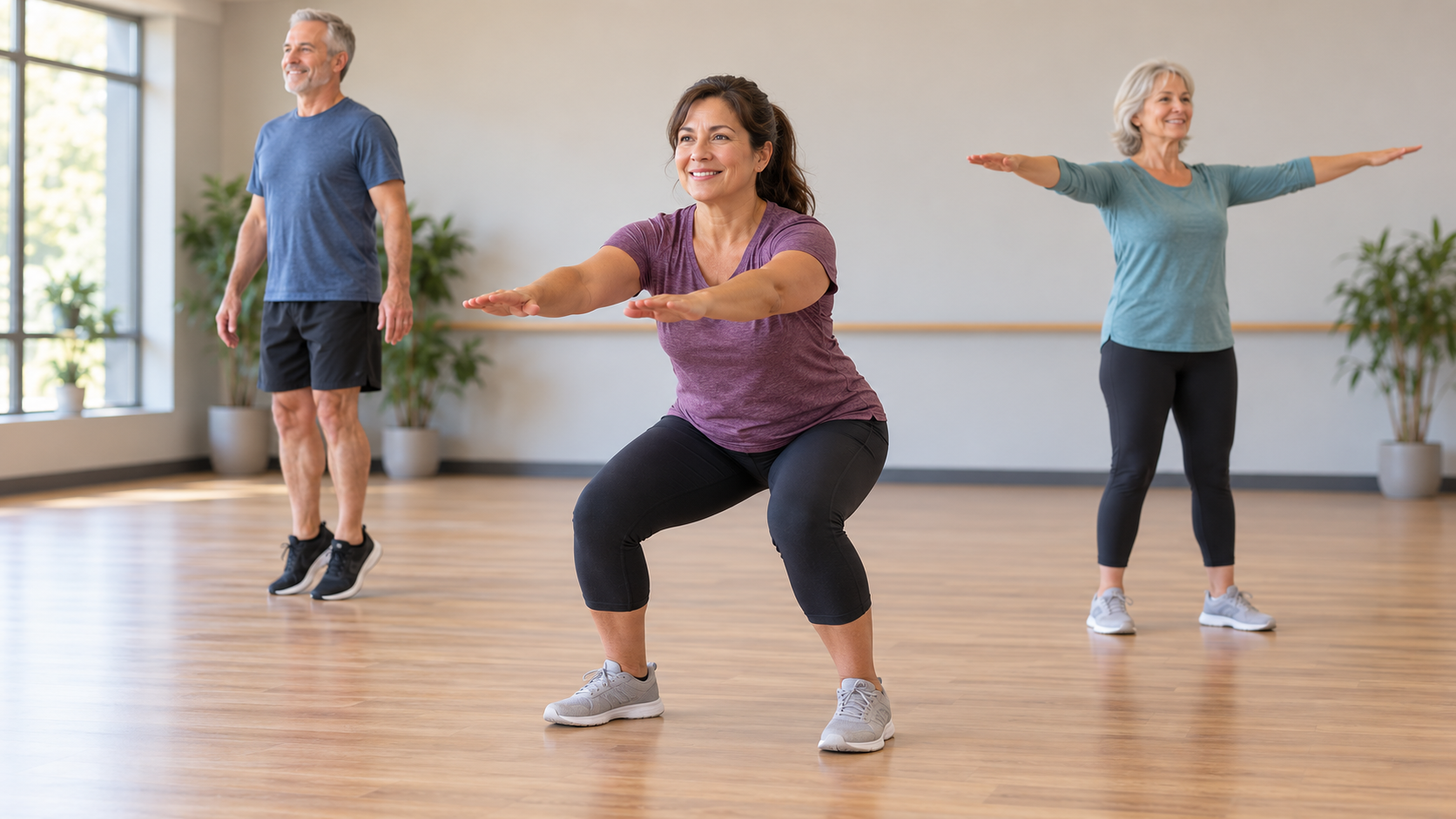 Three adults practise a shallow squat, a standing heel raise and gentle arm movements in a bright fitness studio.