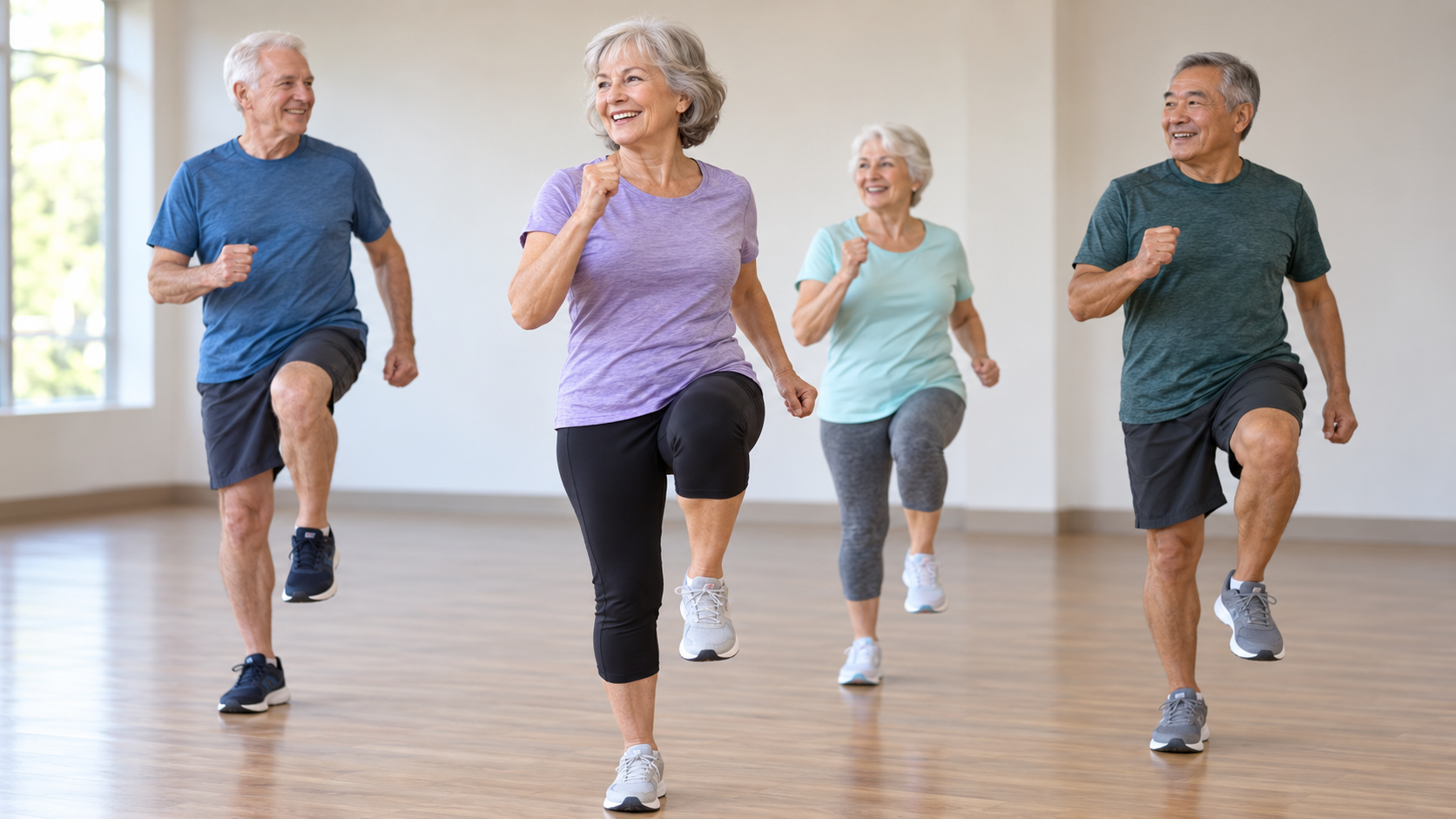 Four older adults smile while practising coordinated marching movements in a bright fitness studio.