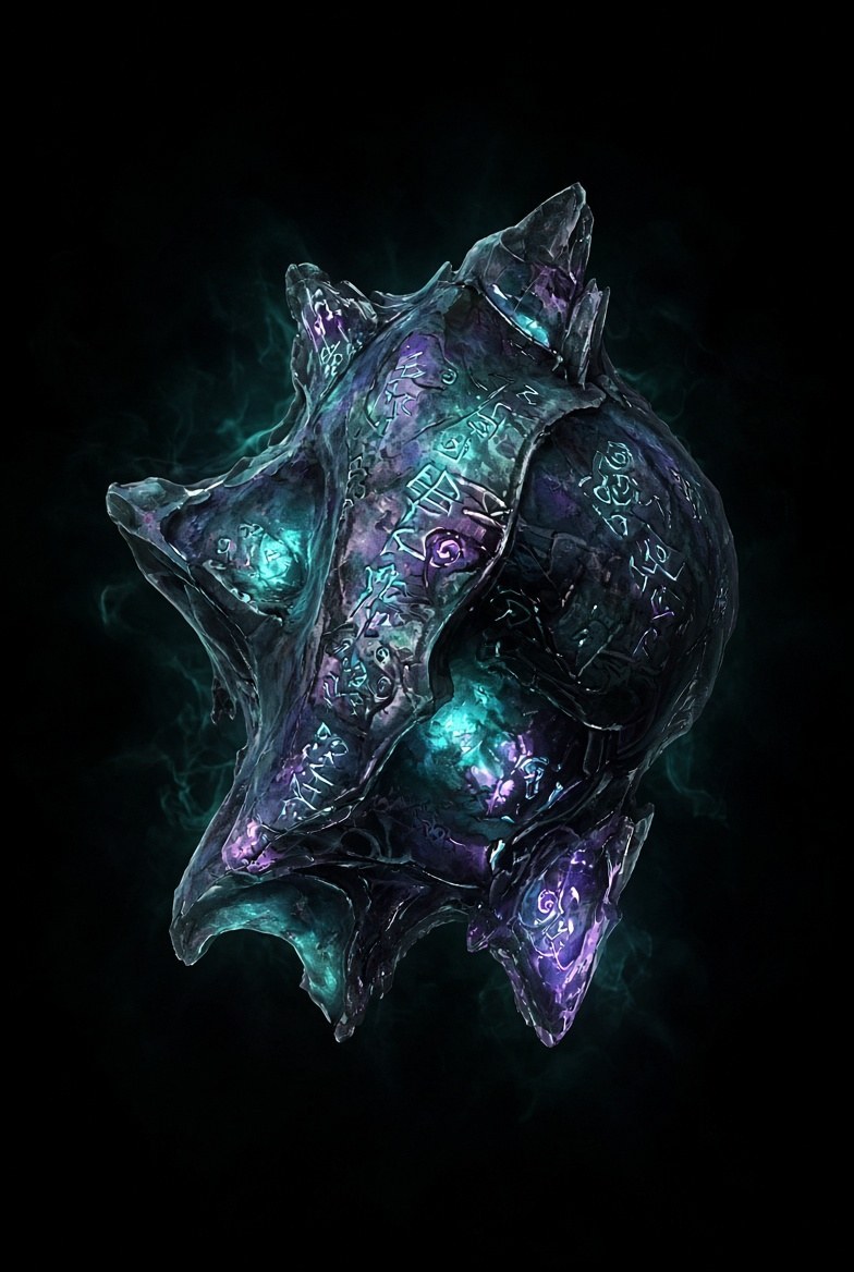 Dark fantasy armored figure illuminated with blue and green light.